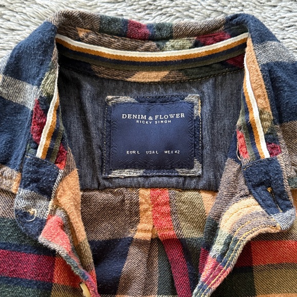 Denim & Flower Plaid Button-Down Shirt in Tan, Navy & Red - Picture 2 of 7